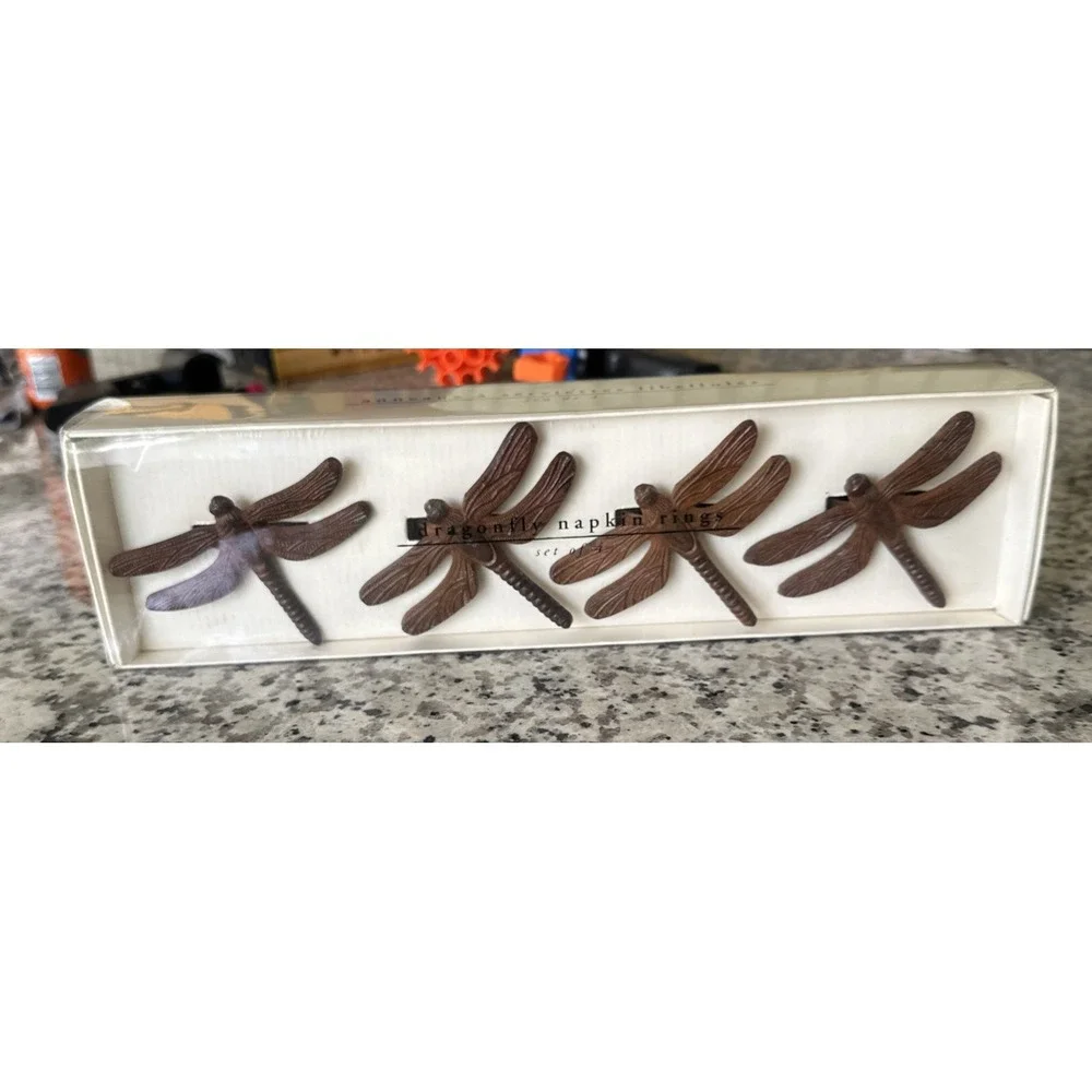 Set of 4 Pier 1 Imports Cast Iron Dragonfly Napkin Rings in Box